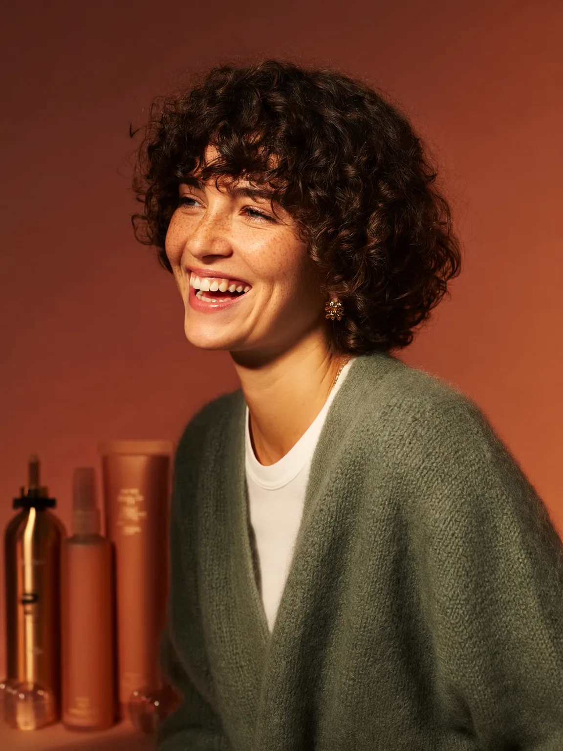 Short Curly Bob with Micro-Bangs in Rich Chestnut
